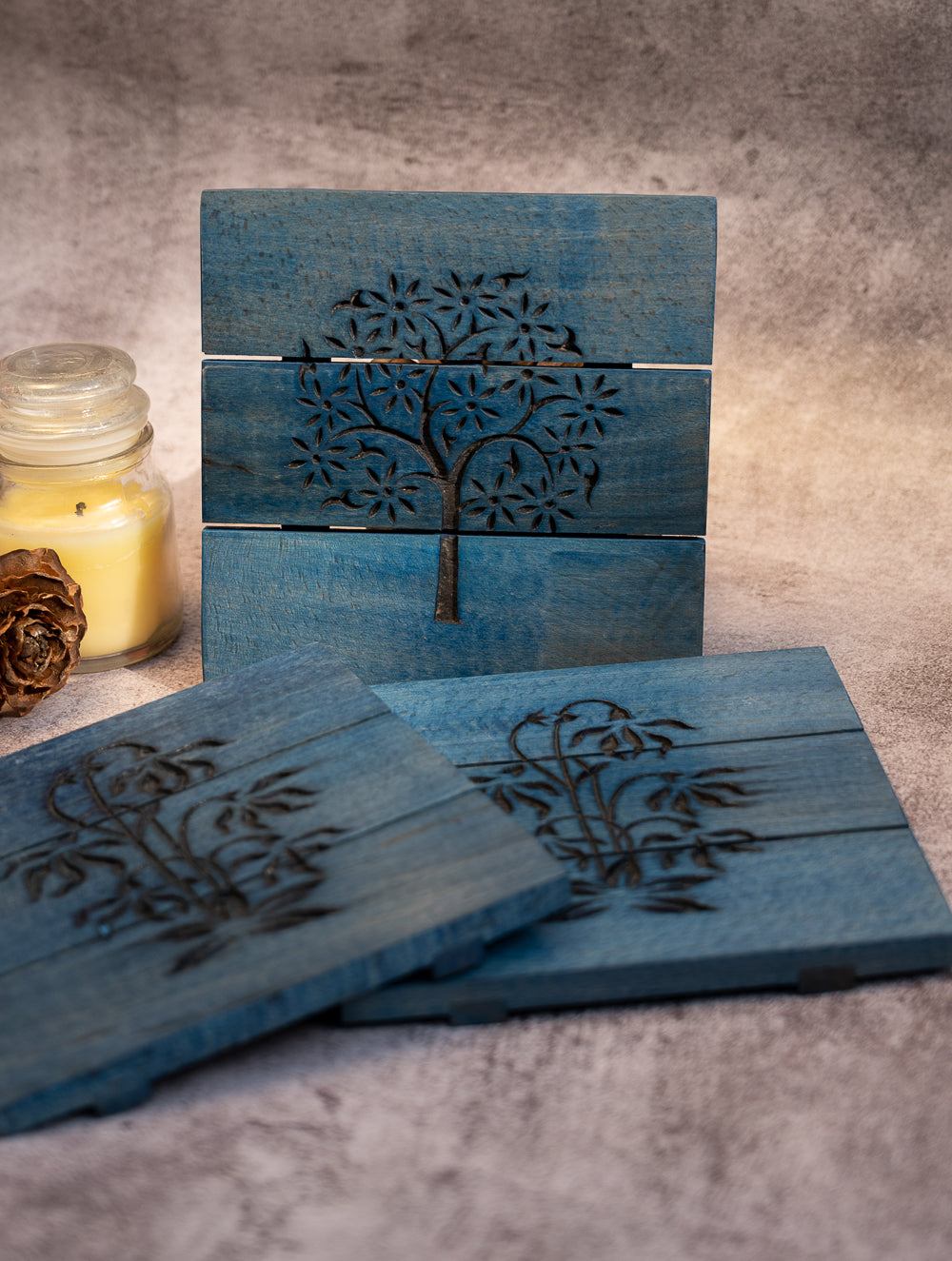 Wood Engraved Square Coaster Set