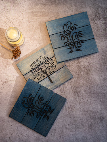 Wood Engraved Square Coaster Set