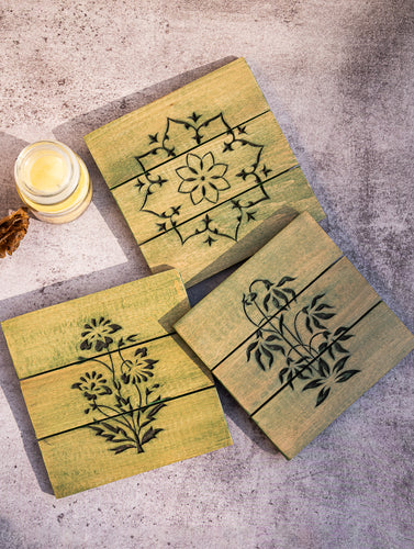 Wood Engraved Square Coaster Set