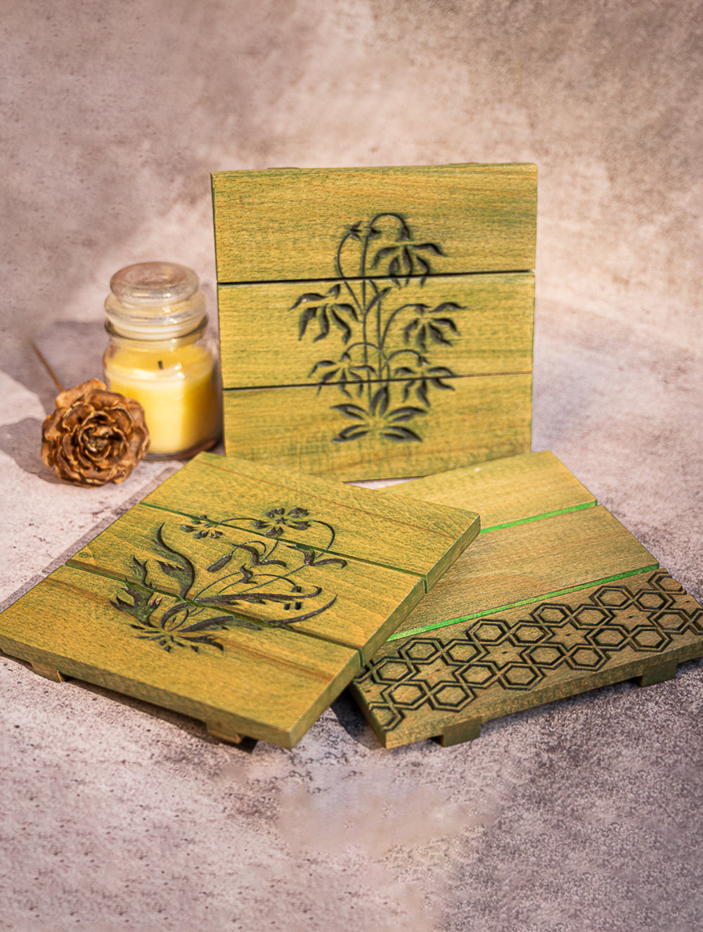 Wood Engraved Square Coaster Set