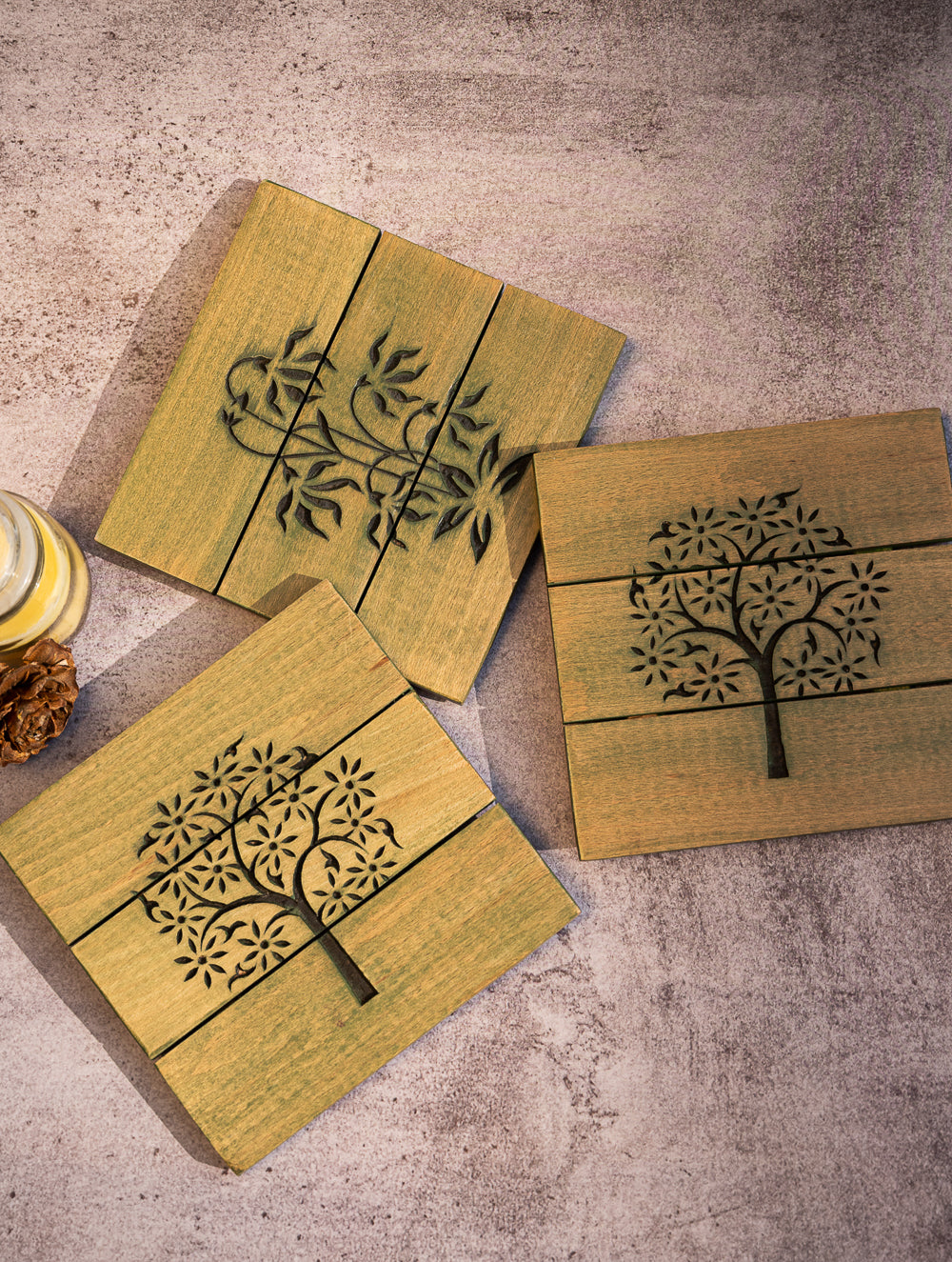 Wood Engraved Square Coaster Set