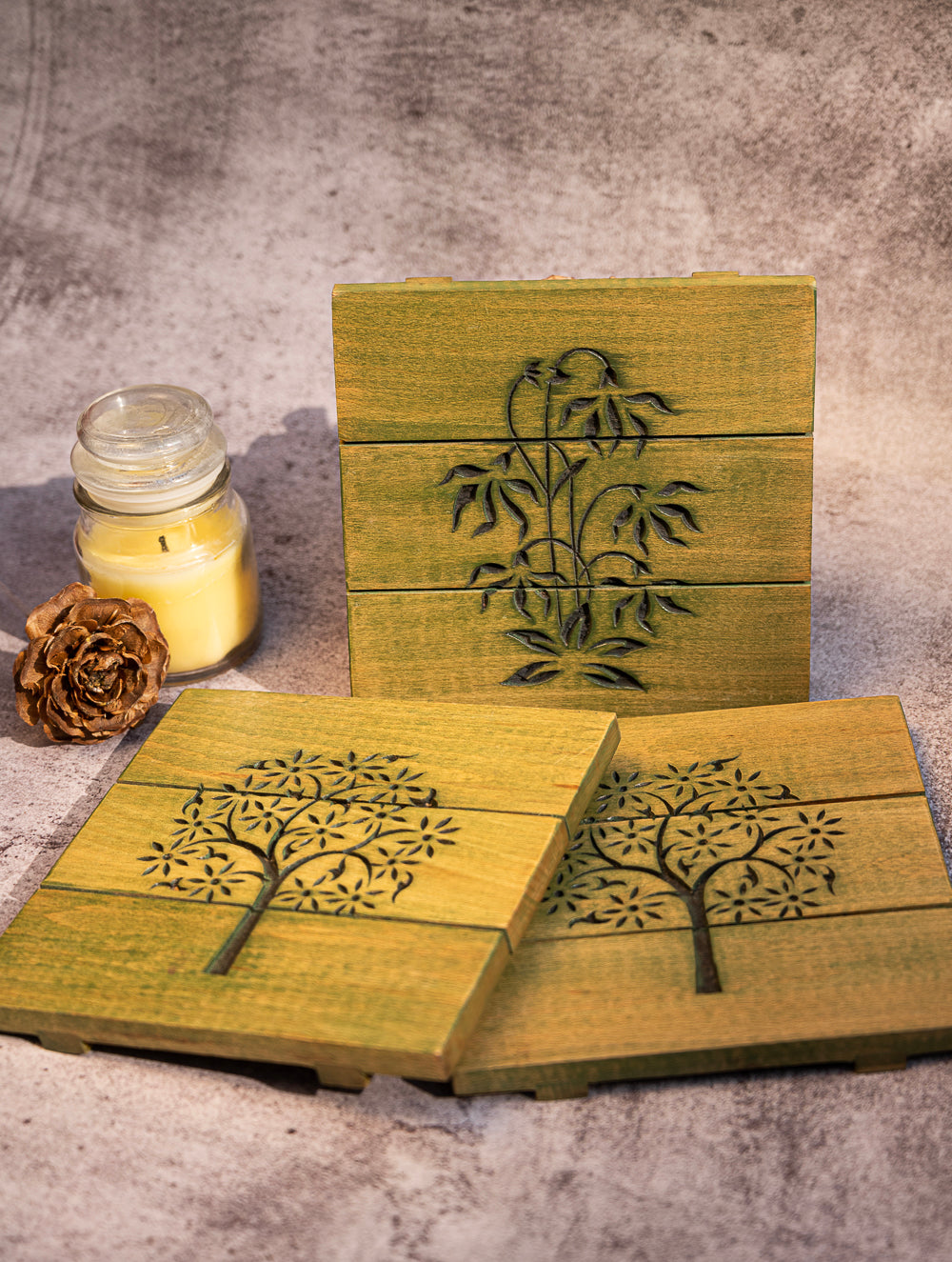 Wood Engraved Square Coaster Set