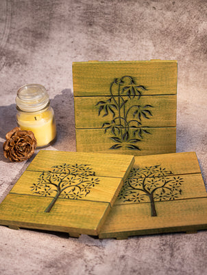 Wood Engraved Square Coaster Set