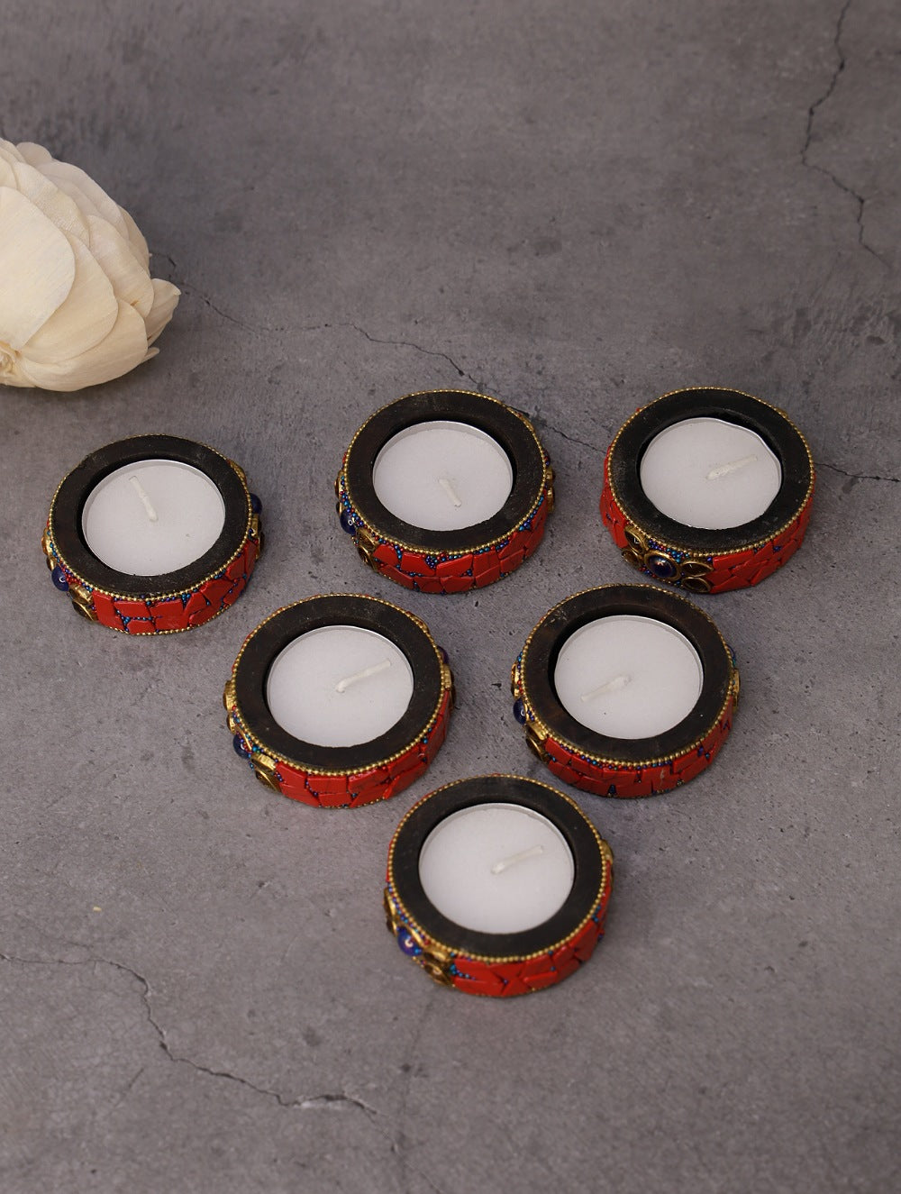 Wood & Resin Tealight Holders (Set of 6) - Red