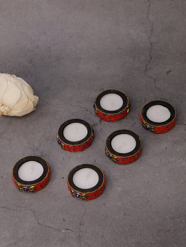 Wood & Resin Tealight Holders (Set of 6) - Red