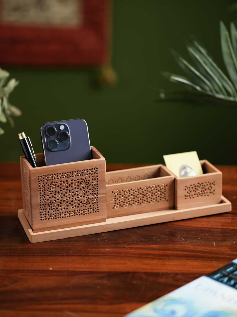 Load image into Gallery viewer, Wooden Jaali Desk Set - Pen Stand Square, Tray &amp; Card Holder &amp; Pin / Key Holder (Set of 4)
