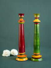 Load image into Gallery viewer, Channapatna Wood Craft Candle Stands - (Large, Set of 2), Green &amp; Red