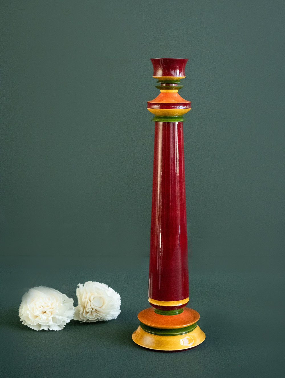 Load image into Gallery viewer, Channapatna Wood Craft Candle Stands - (Large, Set of 2), Green &amp; Red