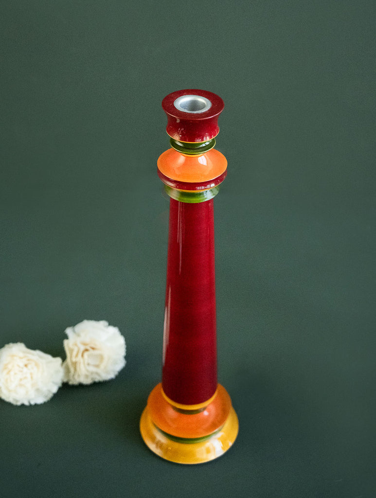 Channapatna Wood Craft Candle Stands - (Large, Set of 2), Green & Red