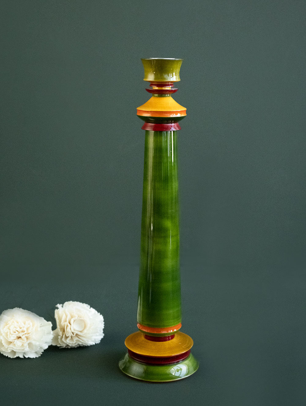 Load image into Gallery viewer, Channapatna Wood Craft Candle Stands - (Large, Set of 2), Green &amp; Red