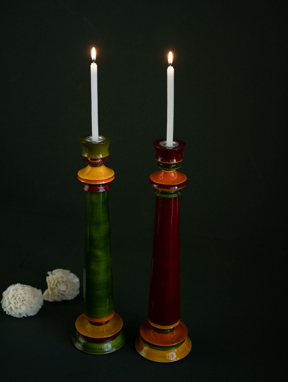 Load image into Gallery viewer, Channapatna Wood Craft Candle Stands - (Large, Set of 2), Green &amp; Red