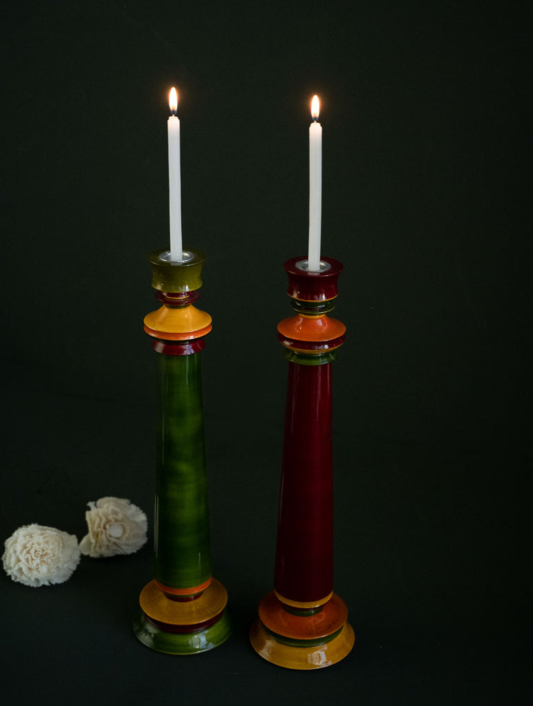 Channapatna Wood Craft Candle Stands - (Large, Set of 2), Green & Red