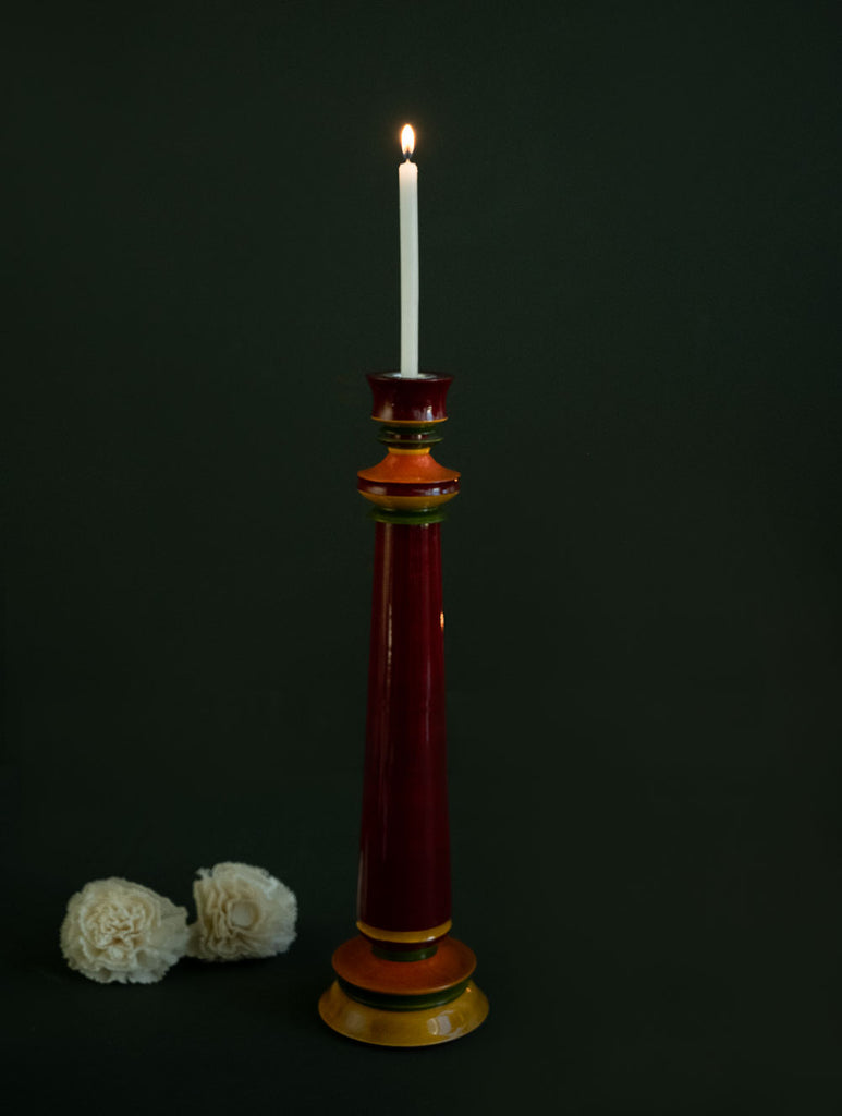 Channapatna Wood Craft Candle Stands - (Large, Set of 2), Green & Red