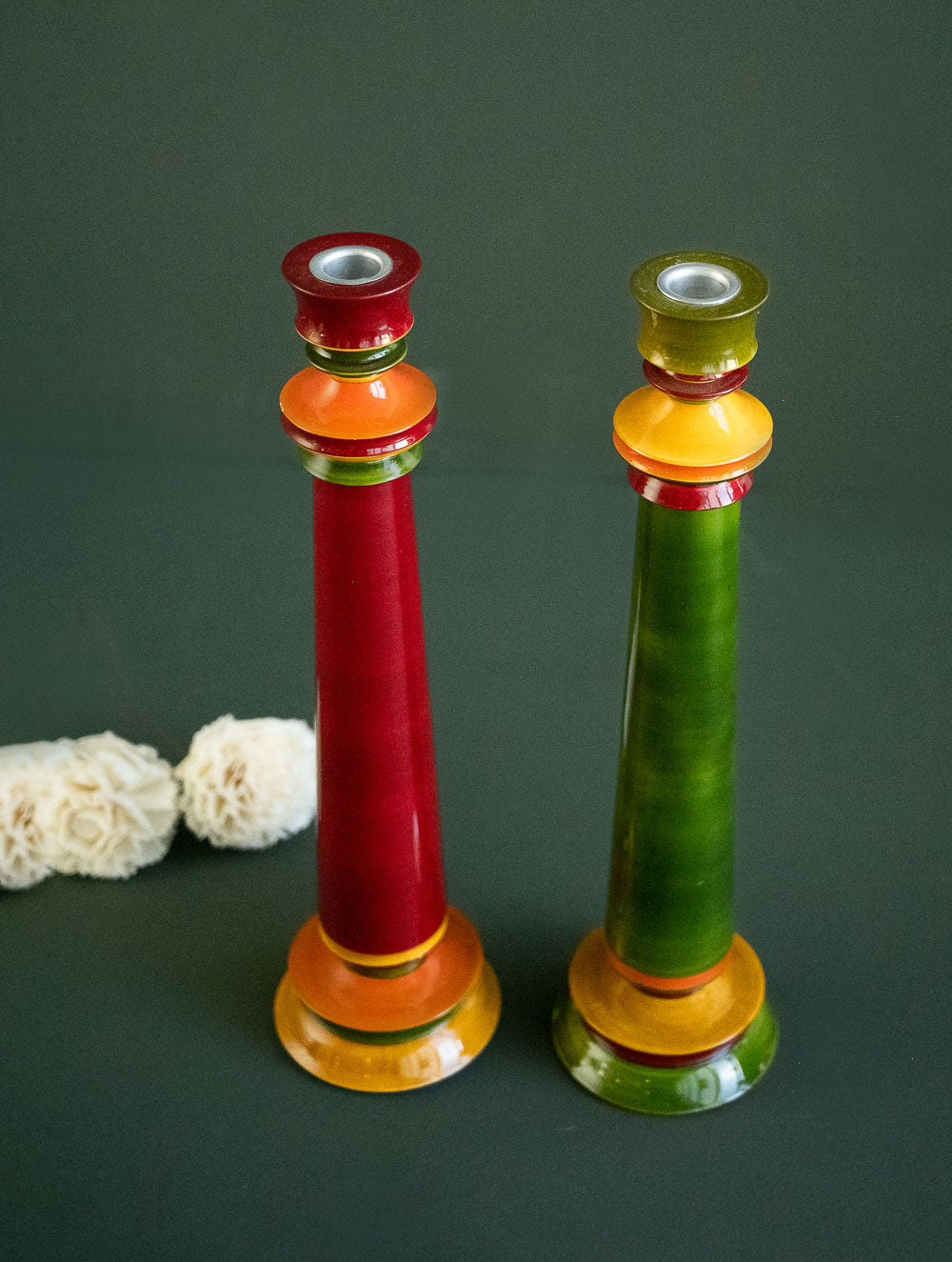 Load image into Gallery viewer, Channapatna Wood Craft Candle Stands - (Large, Set of 2), Green &amp; Red