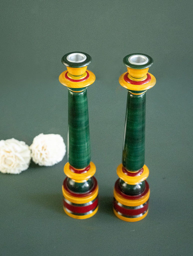 Channapatna Wood Craft Candle Stands - (Medium, Set of 2), Deep Green