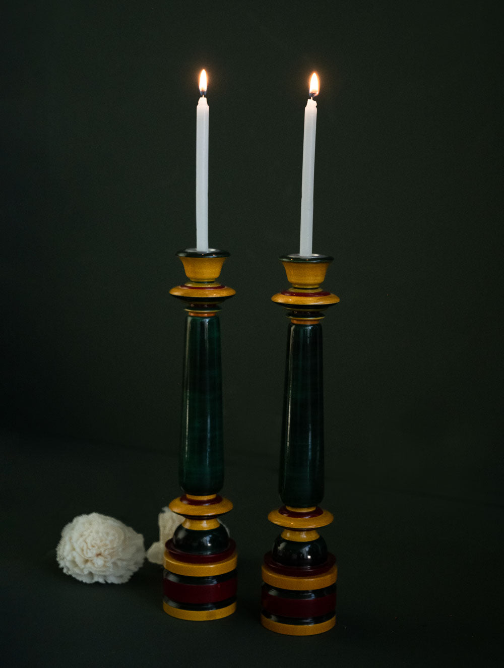 Load image into Gallery viewer, Channapatna Wood Craft Candle Stands - (Medium, Set of 2), Deep Green
