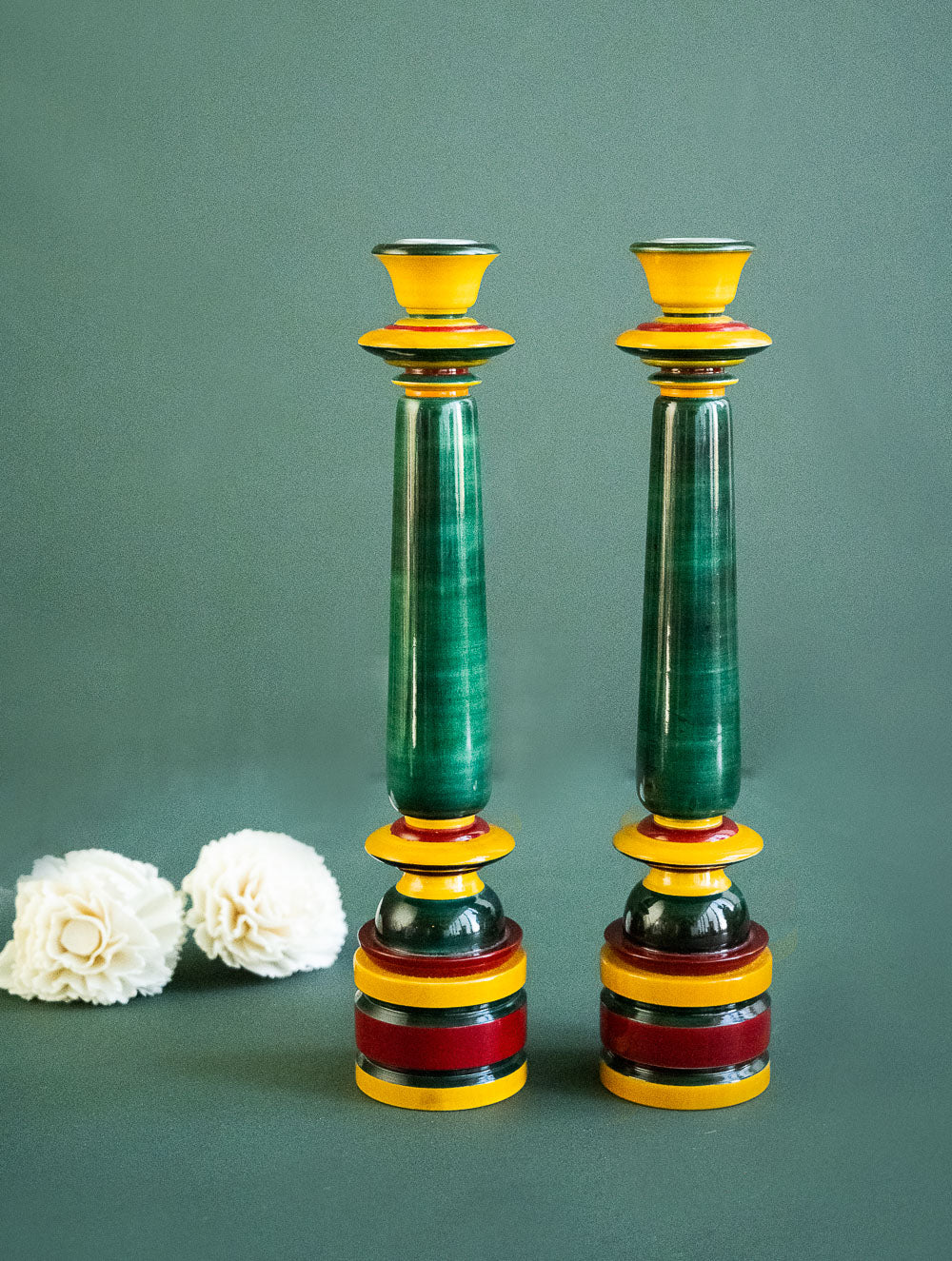 Load image into Gallery viewer, Channapatna Wood Craft Candle Stands - (Medium, Set of 2), Deep Green