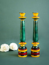 Load image into Gallery viewer, Channapatna Wood Craft Candle Stands - (Medium, Set of 2), Deep Green
