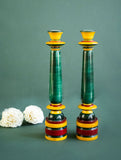 Channapatna Wood Craft Candle Stands - (Medium, Set of 2), Deep Green