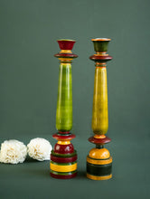 Load image into Gallery viewer, Channapatna Wood Craft Candle Stands - (Medium, Set of 2), Shades of Green