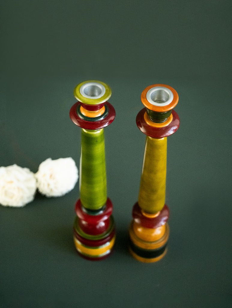 Channapatna Wood Craft Candle Stands - (Medium, Set of 2), Shades of Green