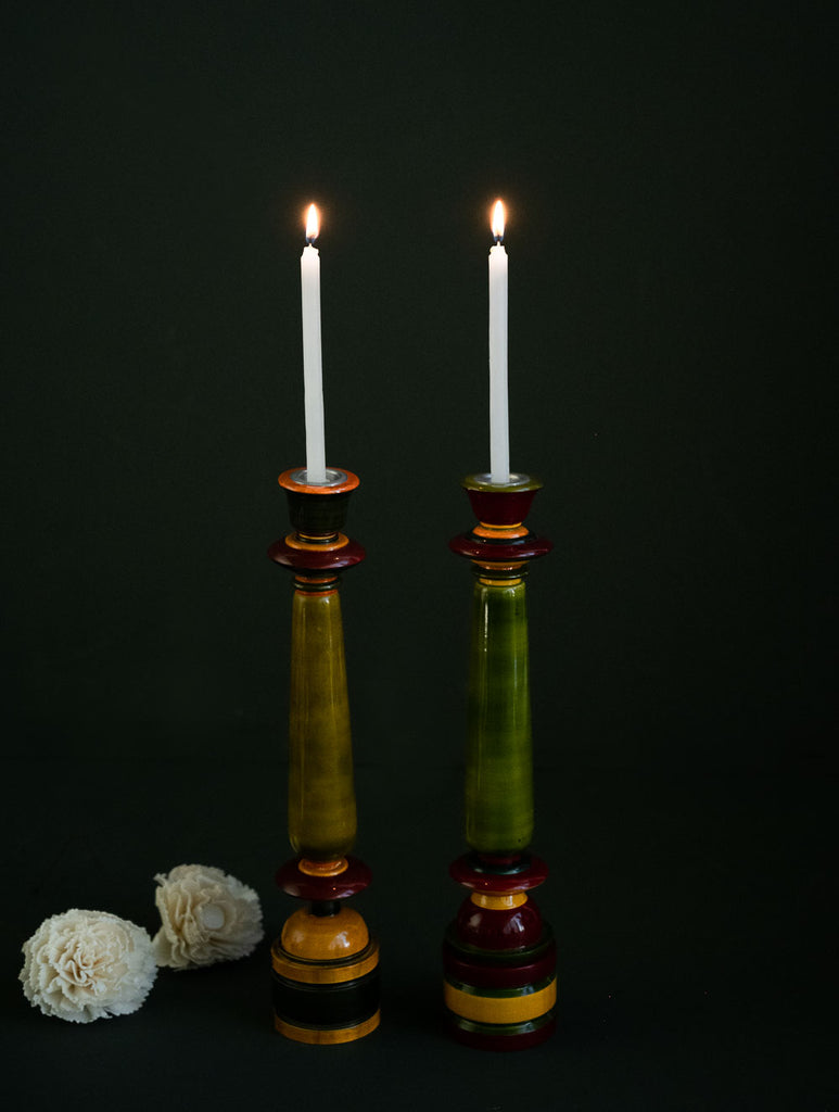 Channapatna Wood Craft Candle Stands - (Medium, Set of 2), Shades of Green