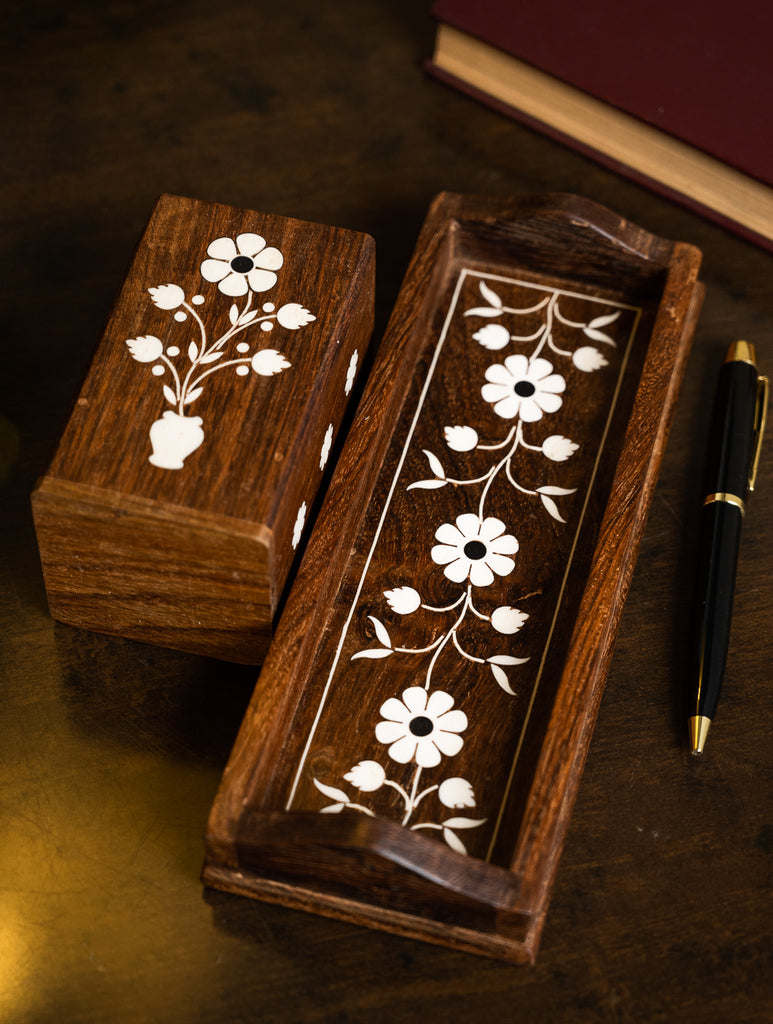 Wooden Inlay Desk Set - Floral (2 Pc Set)