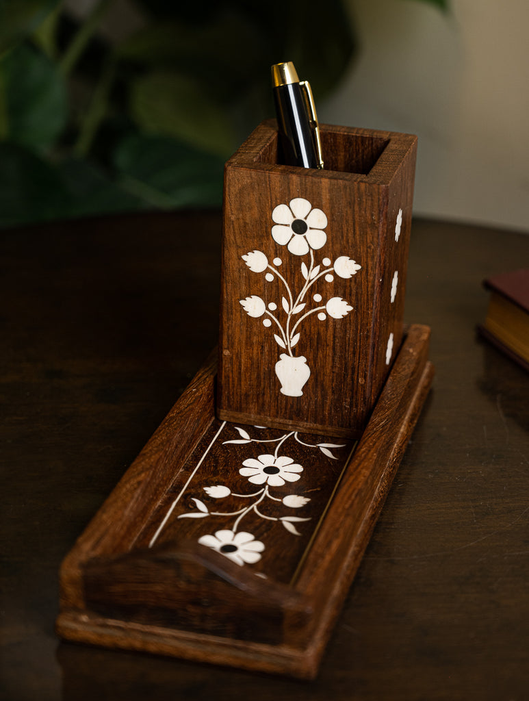 Wooden Inlay Desk Set - Floral (2 Pc Set)