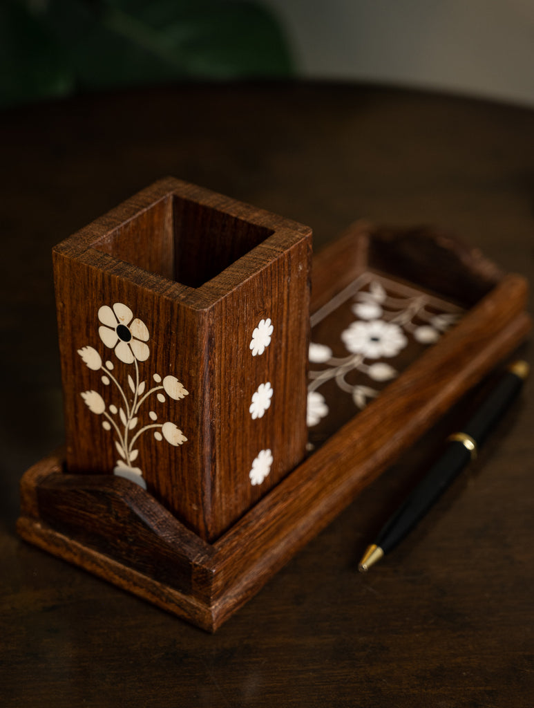 Wooden Inlay Desk Set - Floral (2 Pc Set)