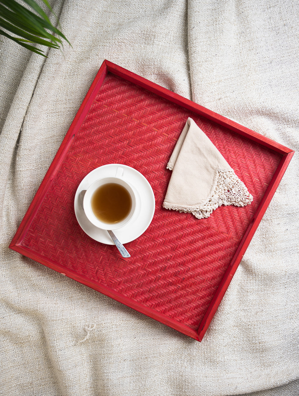 Wooden Sitalpati Tray Crosshatched - Red 