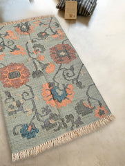 Exclusive Handmade Jute Mirzapur Dhurrie Rug - Sage Floral 