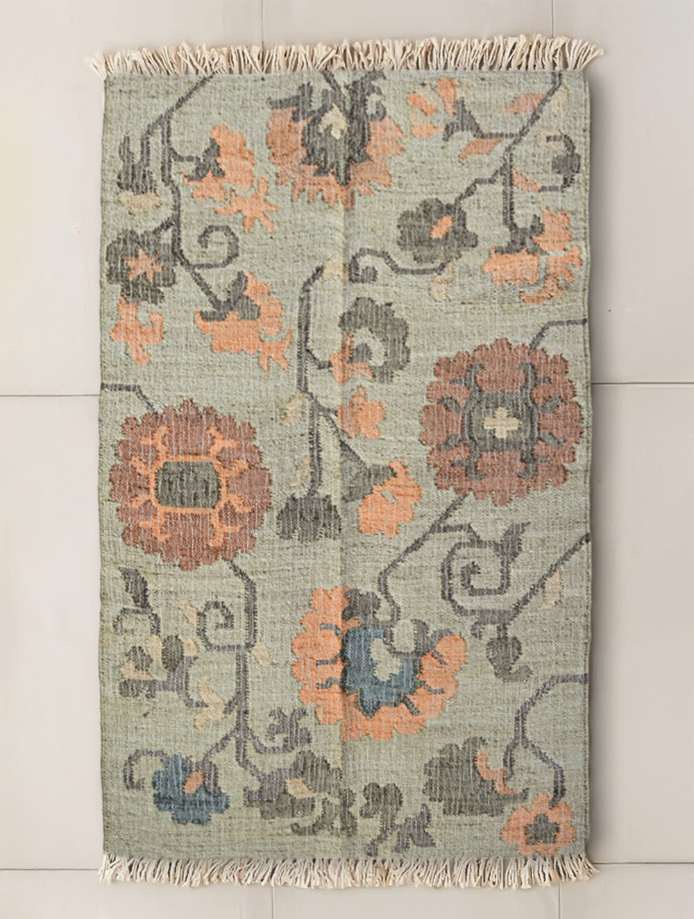Exclusive Handmade Jute Mirzapur Dhurrie Rug - Sage Floral 