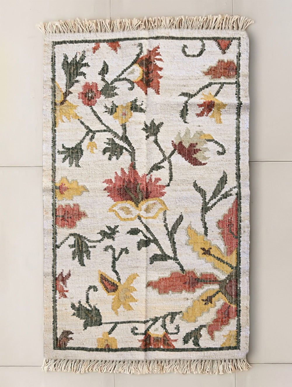 Exclusive Handmade Jute Mirzapur Dhurrie Rug - Snow Mist Garden