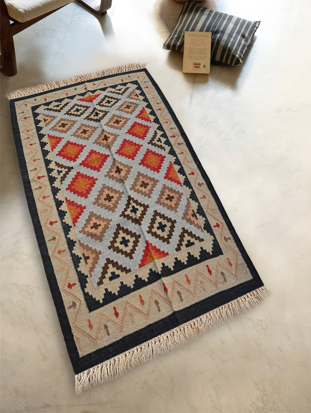 Exclusive Handmade Wool & Cotton Mirzapur Dhurrie Rug - Beige Geometric