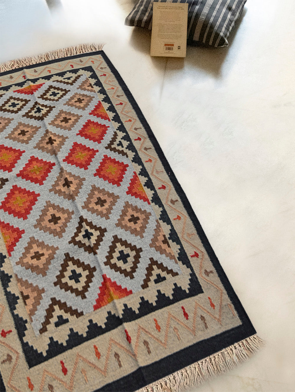 Exclusive Handmade Wool & Cotton Mirzapur Dhurrie Rug - Beige Geometric