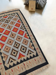 Exclusive Handmade Wool & Cotton Mirzapur Dhurrie Rug - Beige Geometric