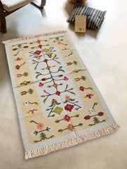Exclusive Handmade Wool & Cotton Mirzapur Dhurrie Rug - Sunlit Flora 