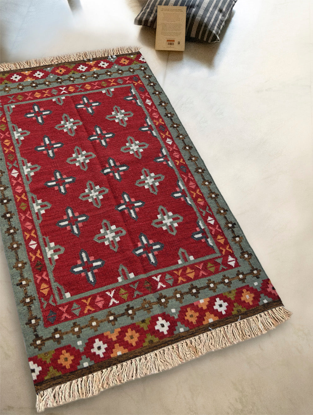 Exclusive Handmade Wool & Cotton Mirzapur Dhurrie Rug - Red Florets