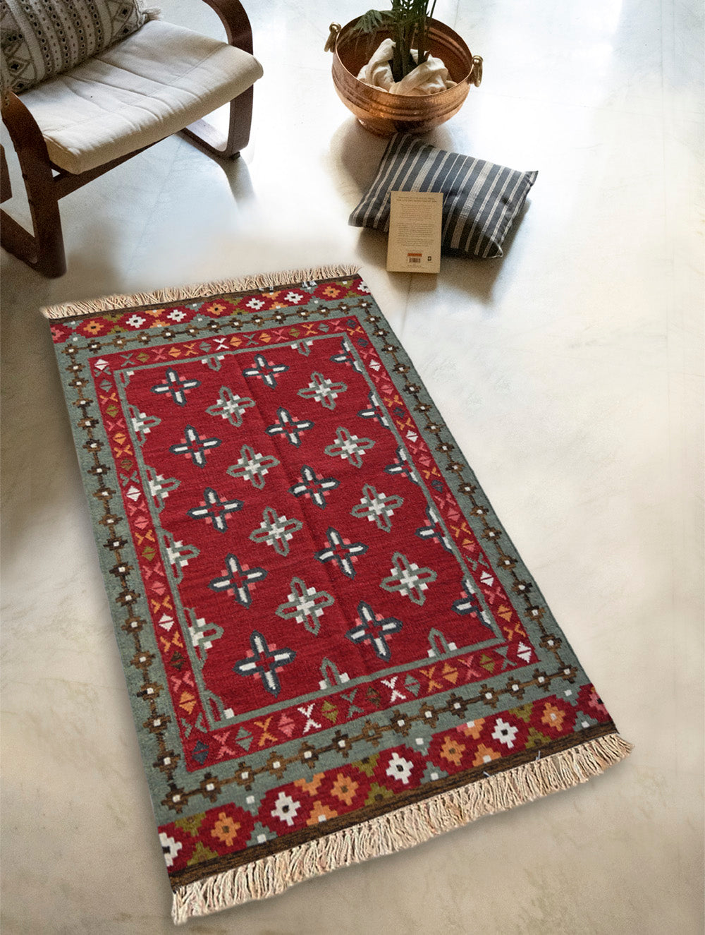 Exclusive Handmade Wool & Cotton Mirzapur Dhurrie Rug - Red Florets