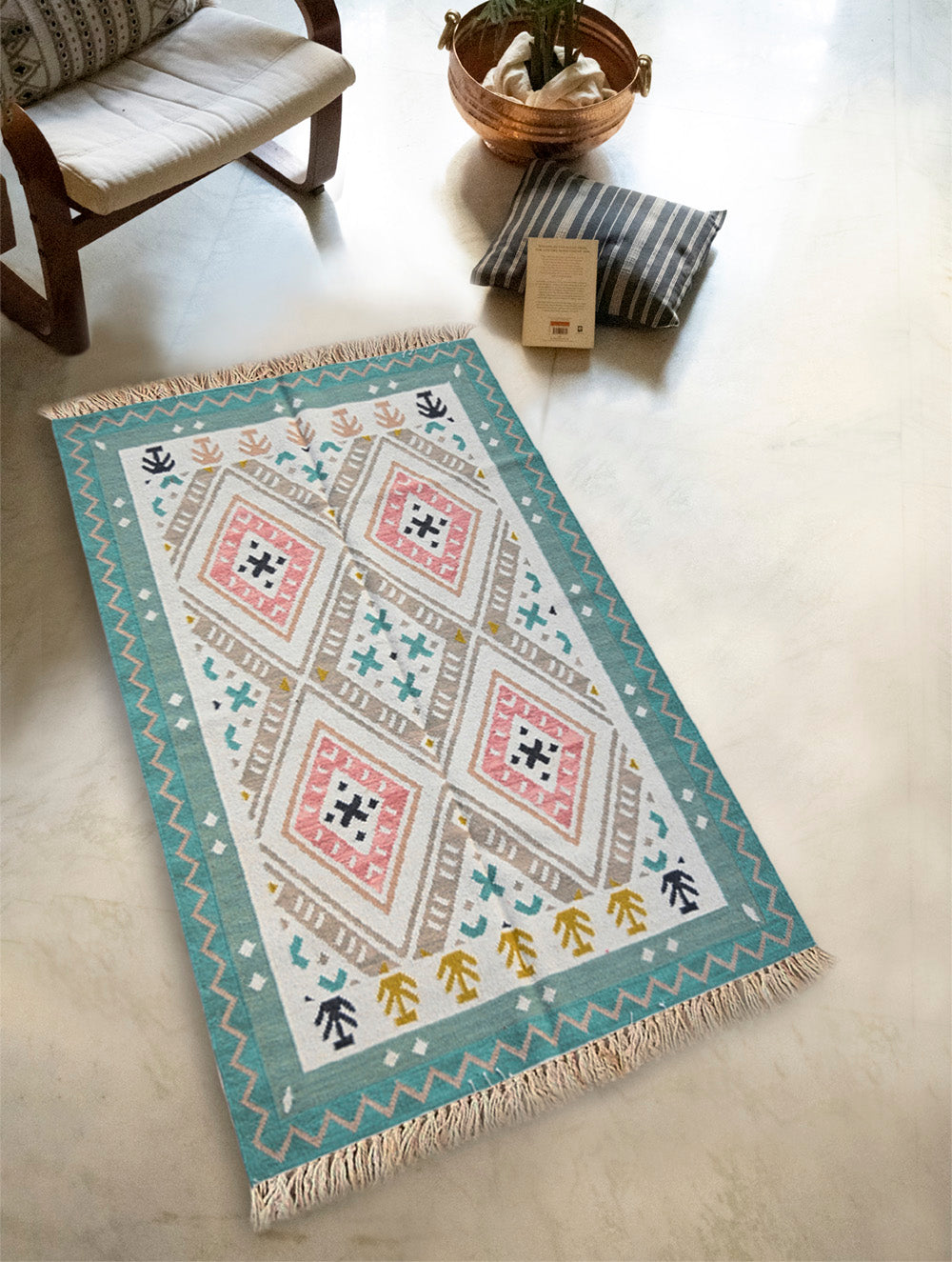 Exclusive Handmade Wool & Cotton Mirzapur Dhurrie Rug - Pastel Geometry