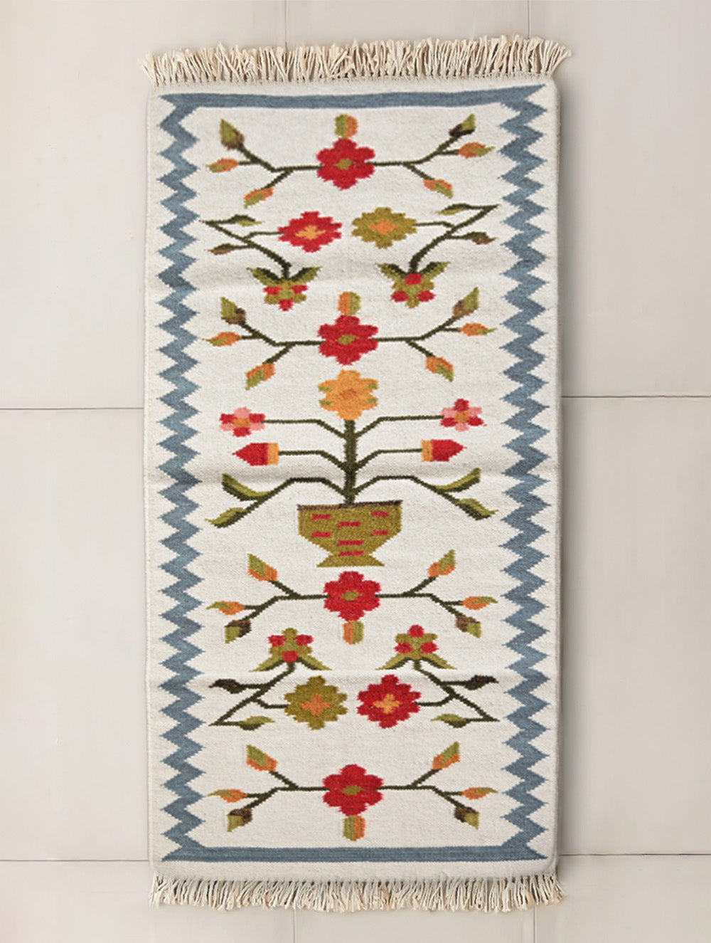 Exclusive Handmade Wool & Cotton Mirzapur Dhurrie Rug - Gulnaar Garden (6ft x 2ft)