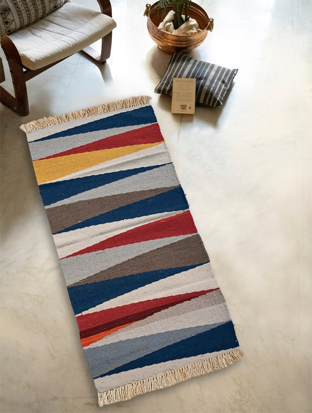 Exclusive Handmade Wool & Cotton Mirzapur Dhurrie Rug  - Prism Peaks (6ft x 2ft)