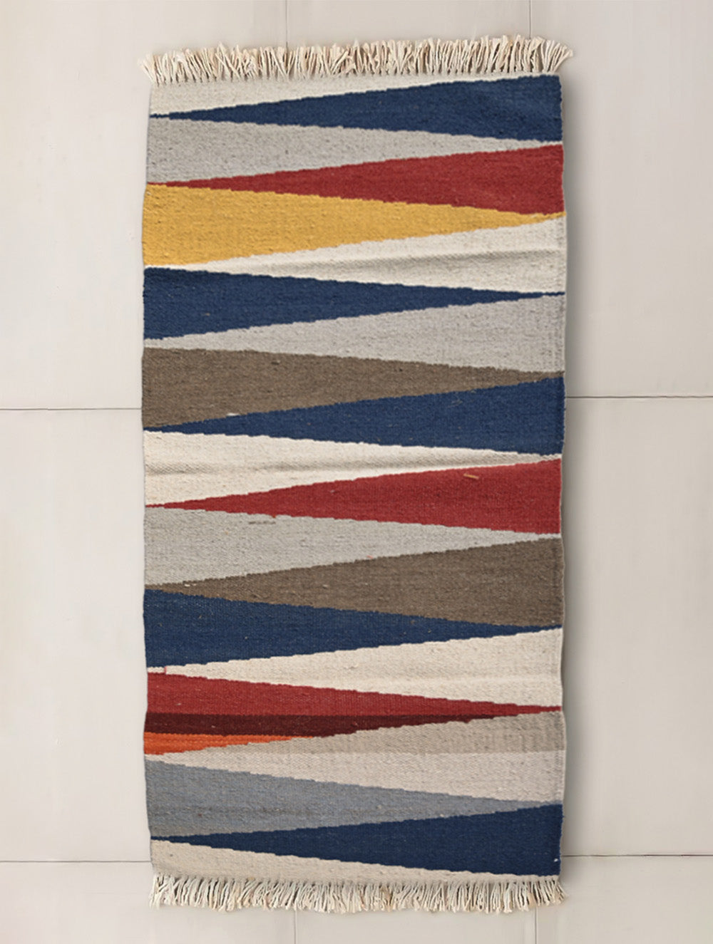 Exclusive Handmade Wool & Cotton Mirzapur Dhurrie Rug  - Prism Peaks (6ft x 2ft)