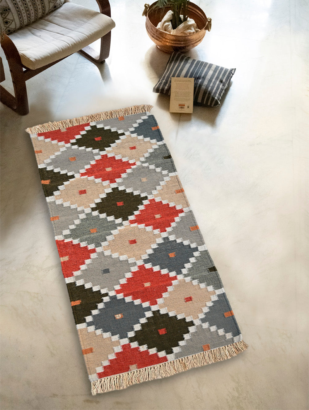 Exclusive Handmade Wool & Cotton Mirzapur Dhurrie Rug  - Moonstep Well (6ft x 2ft)