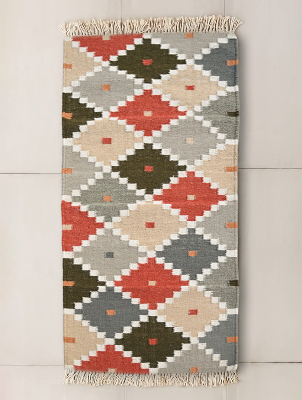 Exclusive Handmade Wool & Cotton Mirzapur Dhurrie Rug  - Moonstep Well (6ft x 2ft)