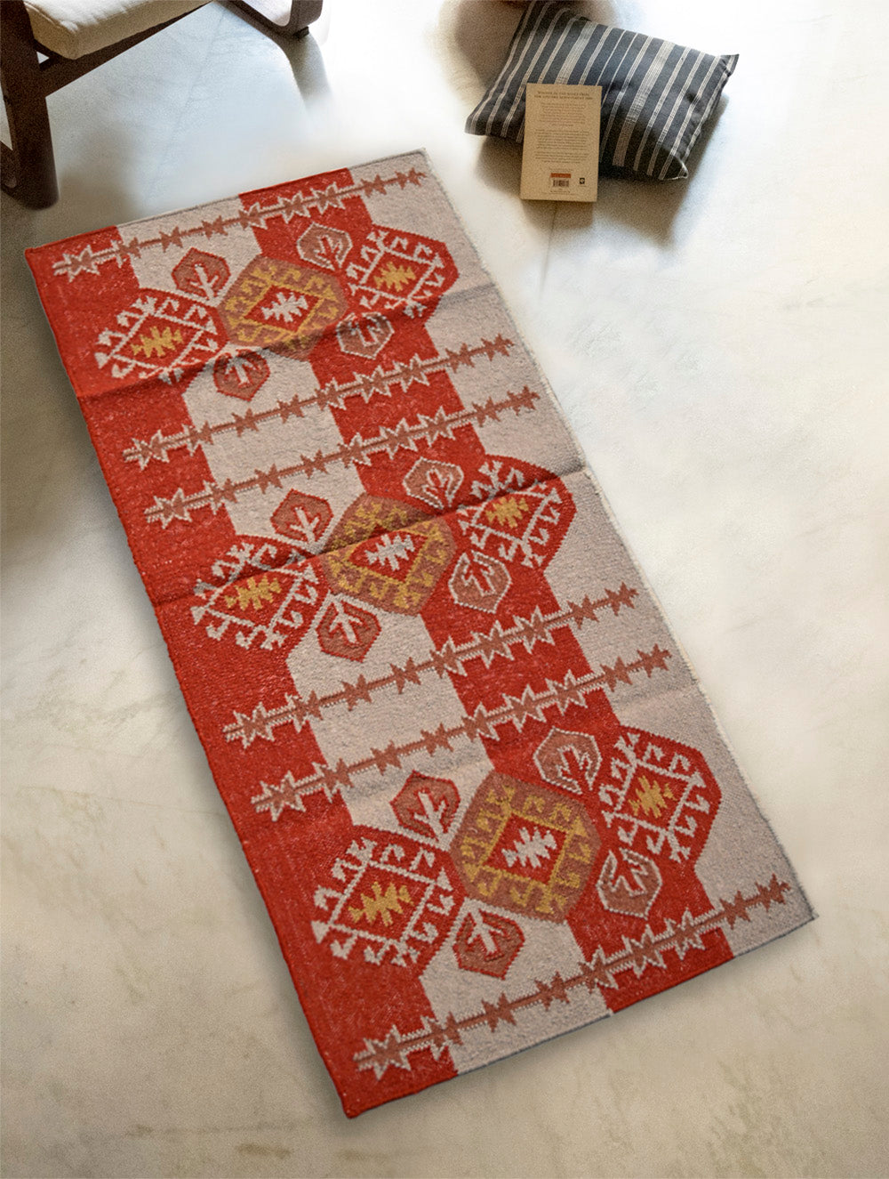 Exclusive Handmade Wool & Cotton Mirzapur Dhurrie Rug  - Rust Loom Story (6ft x 2ft)