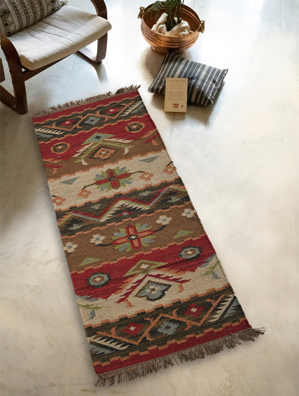 Exclusive Handmade Woolen Mirzapur Dhurrie Rug - Red Forest (6ft x 2ft)