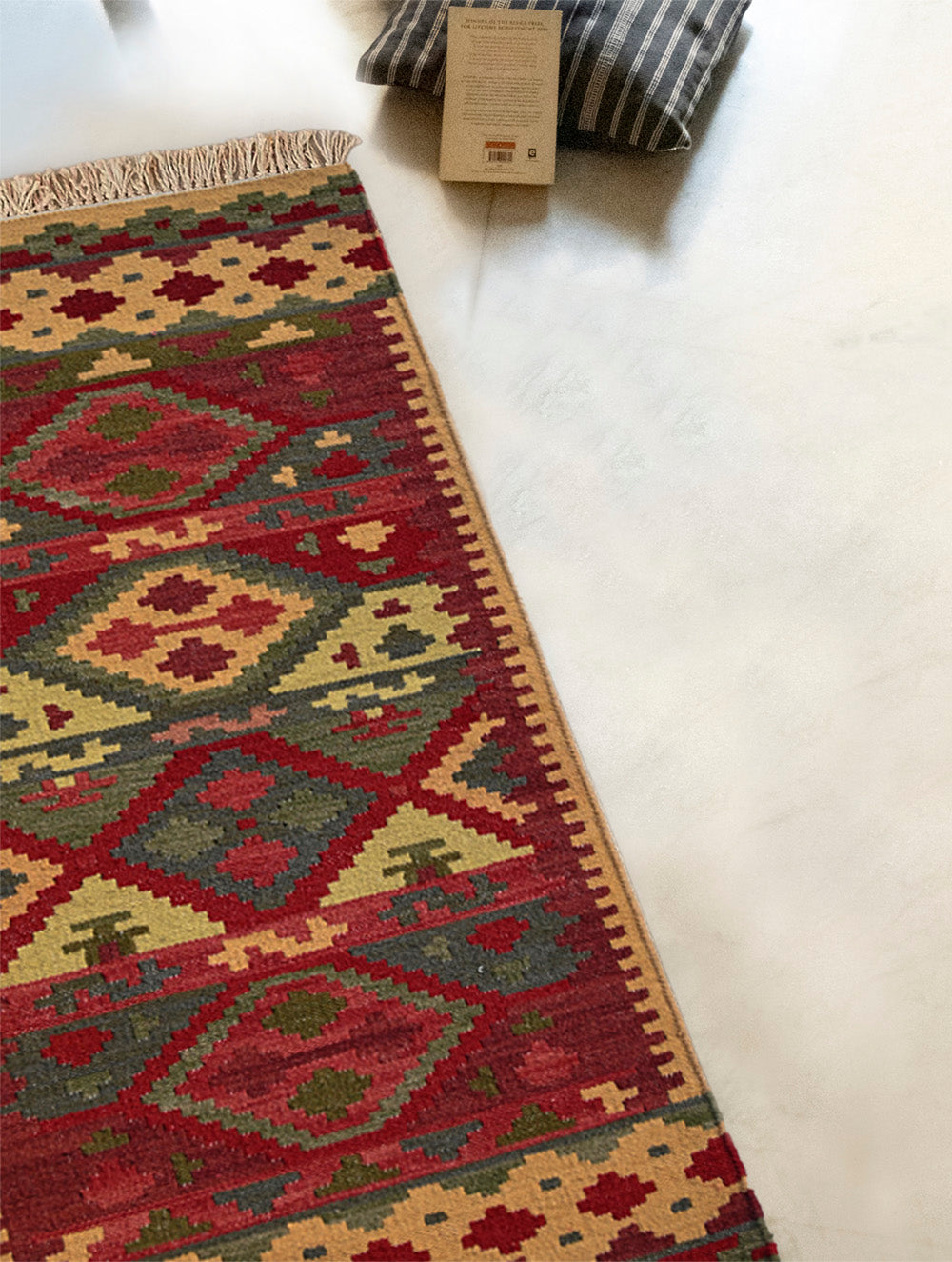 Exclusive Handmade Wool & Cotton Mirzapur Dhurrie Rug  - Red Hues (6ft x 2ft)