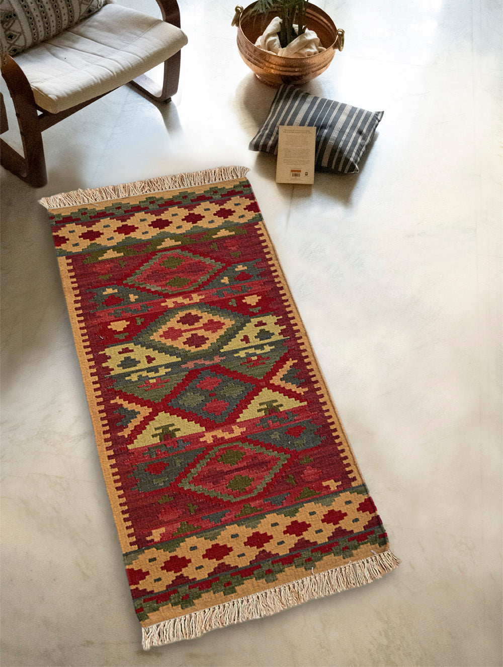 Exclusive Handmade Wool & Cotton Mirzapur Dhurrie Rug  - Red Hues (6ft x 2ft)