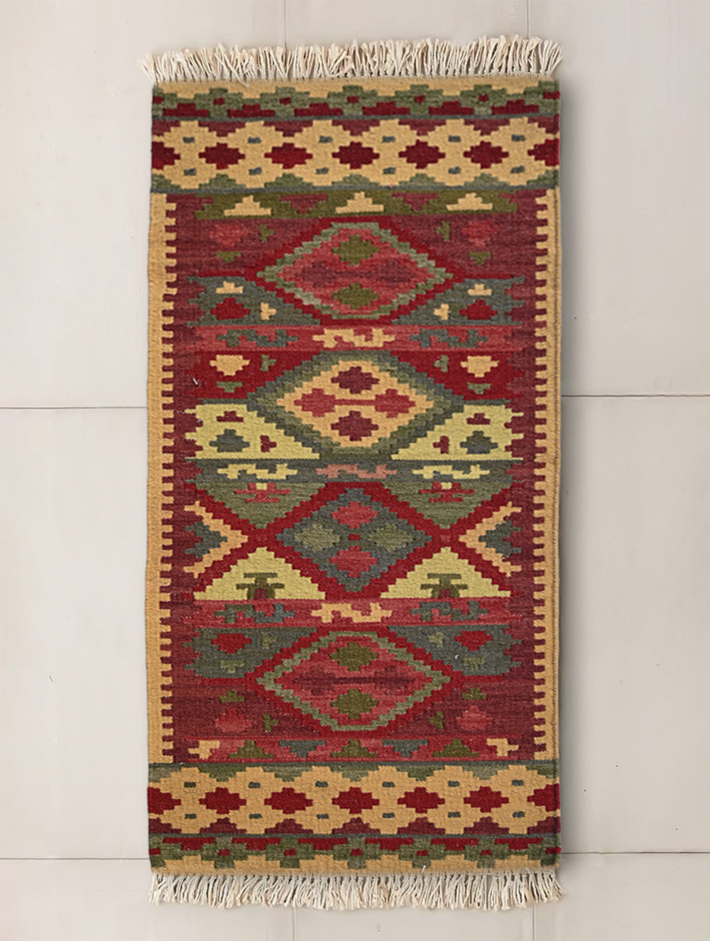 Exclusive Handmade Wool & Cotton Mirzapur Dhurrie Rug  - Red Hues (6ft x 2ft)
